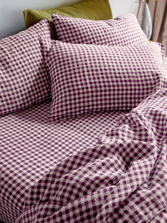 Berry Gingham 100% Linen Fitted Sheet