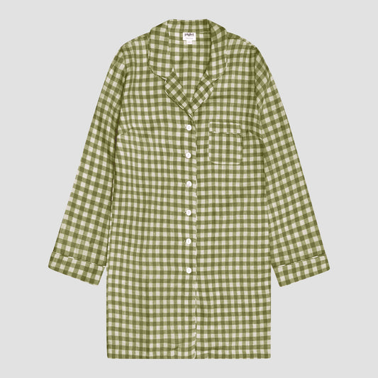 Botanical Green Gingham Linen Night Shirt